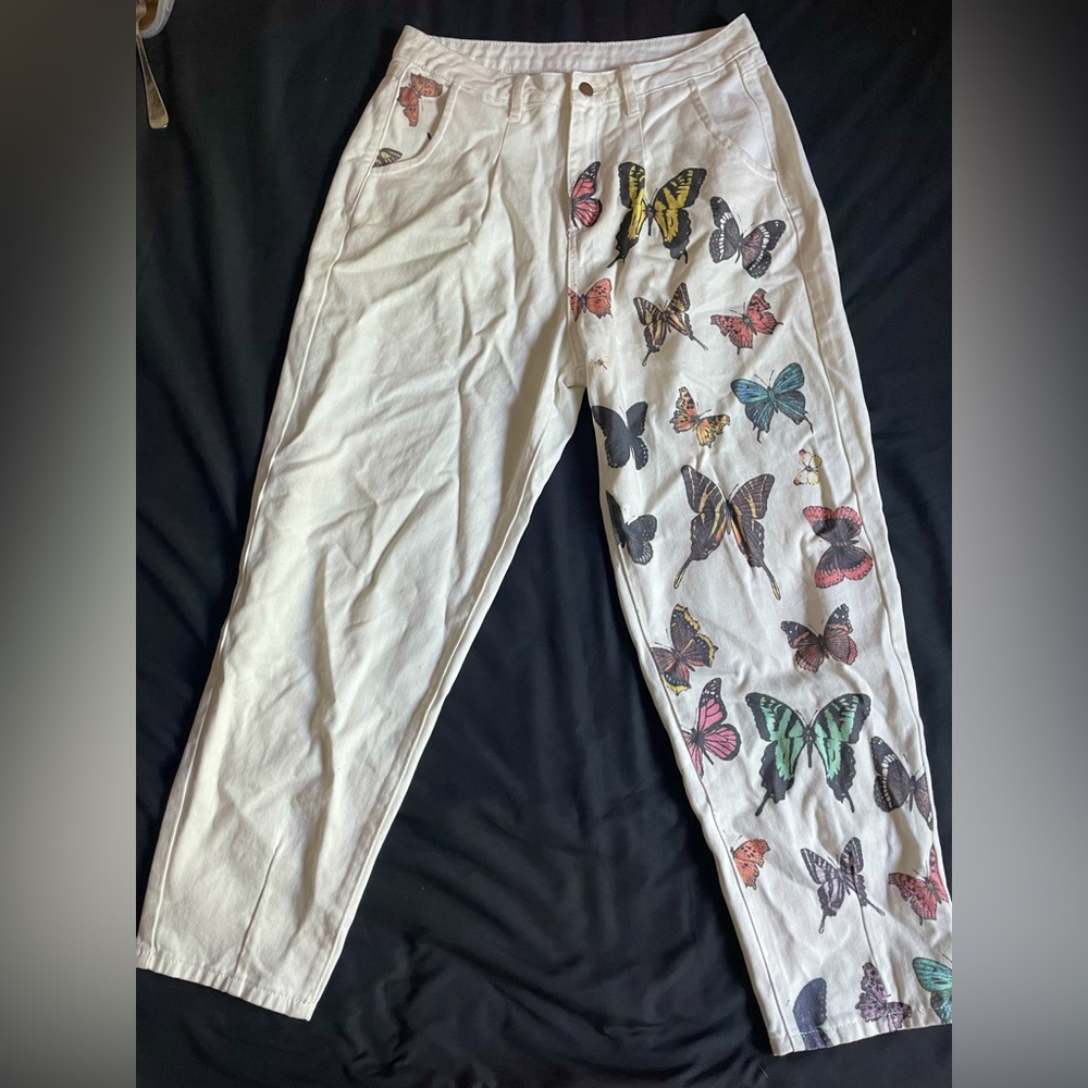 butterfly pattern white jeans